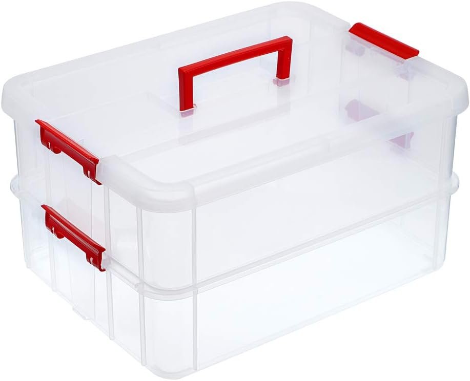 51PkPxbhyFL._AC_SL1024_.jpg 2-Tier Plastic Stackable Storage Box with Handle Lids - Image 1